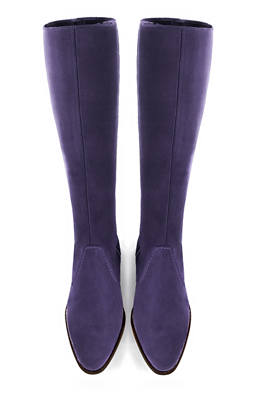 Lavender purple women's riding knee-high boots. Round toe. Low leather soles. Made to measure. Top view - Florence KOOIJMAN